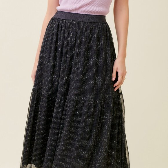 MYSTREE Black Sparkle Mesh Midi Skirt | Shimmer Tiered Tulle | Boutique Trendy - Picture 6 of 8